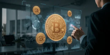 Advanced Bitcoin investment strategies for accredited US investors in 2025, showing complex financial data and a visionary investor.