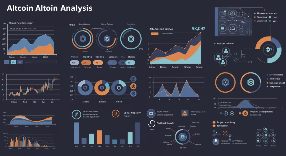 Infographic displaying key altcoin analysis metrics like market cap, volume, and development activity for informed investment decisions.