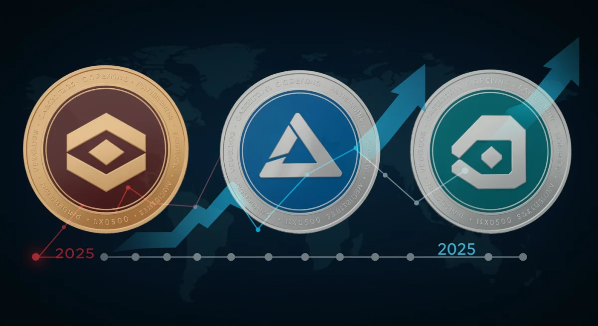 Graphic depicting altcoin logos partnering with corporate entities, signifying future growth.