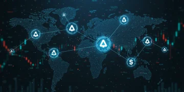Futuristic digital network illustrating altcoin partnerships and their impact on future valuations.