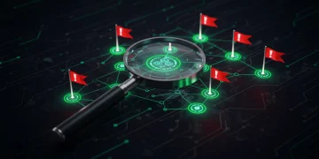 Magnifying glass over blockchain with red flags, symbolizing altcoin risk assessment.