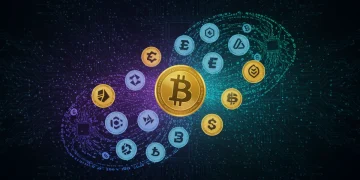 Futuristic digital art of altcoins and Bitcoin, symbolizing crypto market growth.