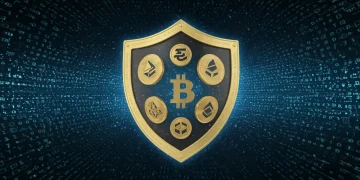 Digital shield protecting cryptocurrency logos, representing robust altcoin security audits for US investors in 2025.