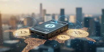 Modern hardware wallet securing Bitcoin for US holders against a futuristic digital backdrop.
