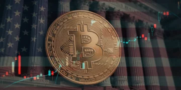 Bitcoin symbol integrated into financial infrastructure with upward trends, representing institutional adoption in the US.