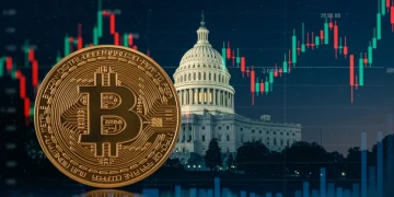 Bitcoin price chart with rising interest rates and US Capitol