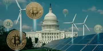 Bitcoin logos with renewable energy sources and US Capitol in background