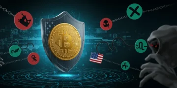 Digital shield protecting Bitcoin from various scam threats in a secure futuristic setting, symbolizing strong cryptocurrency security.