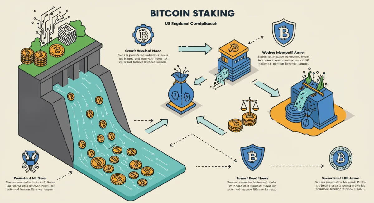 Infographic showing Bitcoin staking process and reward generation with compliance
