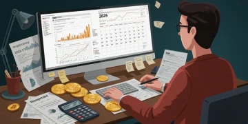 Investor reviewing Bitcoin tax forms for 2025 on a computer