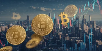 Bitcoin intertwining with traditional stock market charts and graphs, representing correlation analysis.