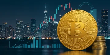 Golden Bitcoin symbol intertwining with financial graphs and a secure padlock, representing digital asset integration for wealth preservation.