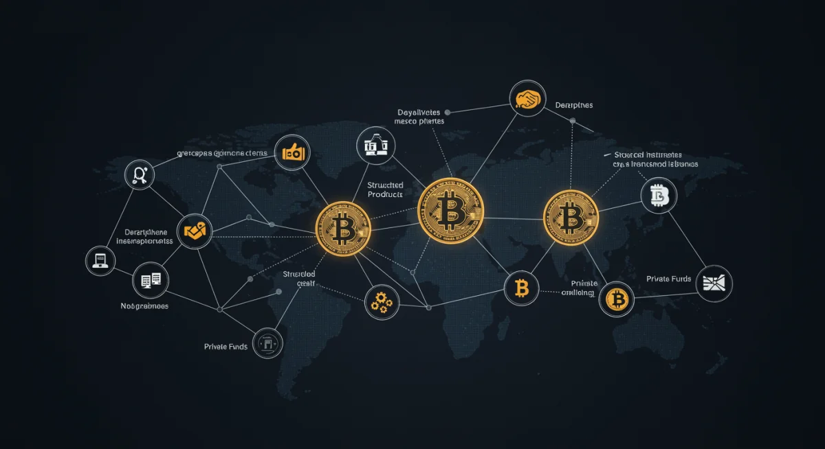Illustration of blockchain network with advanced Bitcoin financial instruments for accredited investors.