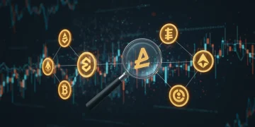 Blockchain network with data flows and altcoin symbols under magnification, signifying on-chain analysis for accumulation.