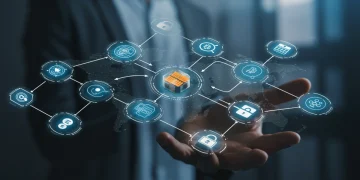 Interconnected digital ledgers and secure data flows, symbolizing blockchain technology and regulatory compliance in digital finance.