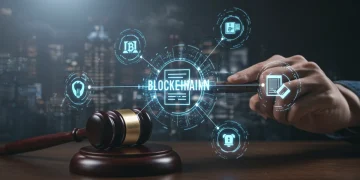 CFTC enforcement actions impacting DeFi protocols, featuring digital blockchain elements and legal symbols.