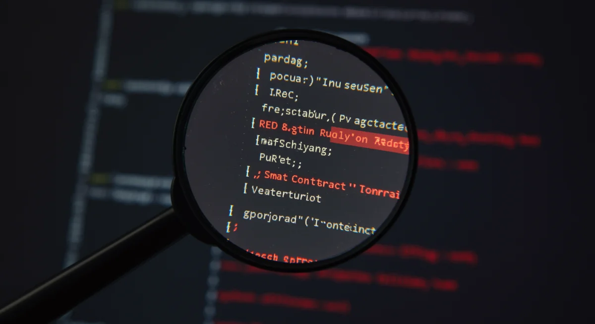 Magnifying glass examining smart contract code for vulnerabilities