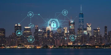 Futuristic digital city with blockchain connections and a prominent lock icon, representing US crypto exchange licensing changes.