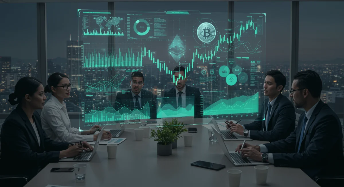 Financial professionals discussing cryptocurrency market data in a modern conference room