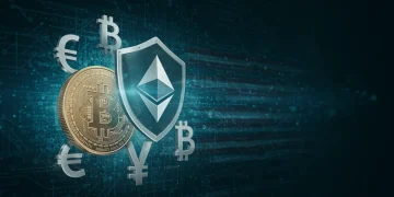 Shield protecting cryptocurrency symbols against a digital background, representing new US crypto consumer protection.