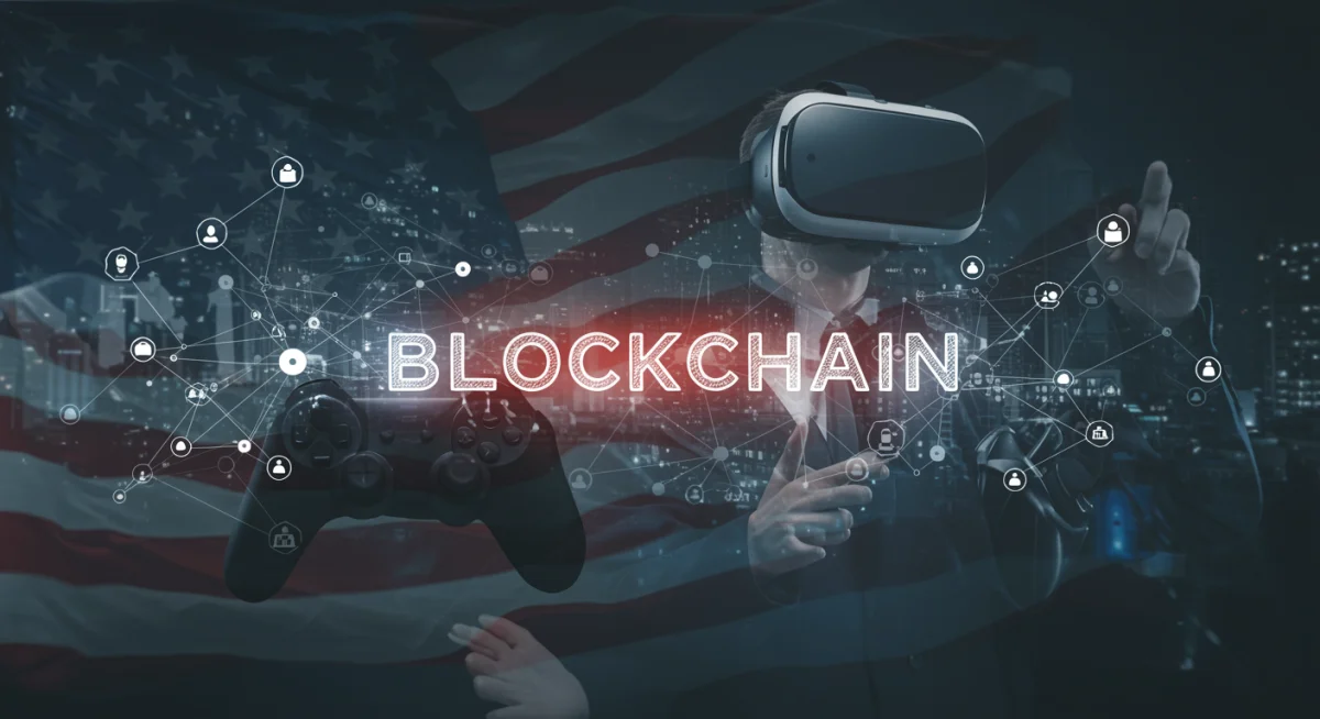Blockchain network with gaming elements symbolizing decentralized gaming evolution