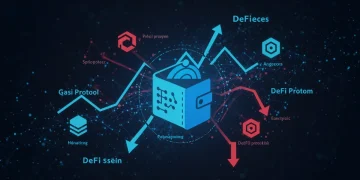 Illustration of DeFi gas fees with fluctuating costs and a digital wallet