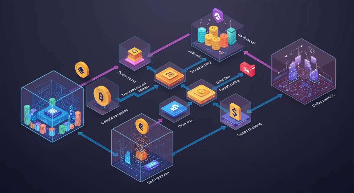 Infographic illustrating decentralized finance lending mechanics and collateralization