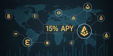 Futuristic digital network symbolizing DeFi lending with 15% APY for US investors