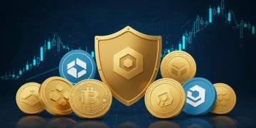 Secure shield protecting DeFi assets amidst volatile crypto market charts