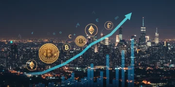Futuristic digital chart showing upward trend with crypto symbols, representing early-stage altcoin growth potential in 2025 US market.