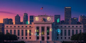 Federal Reserve building with digital currency symbols, symbolizing CBDC research