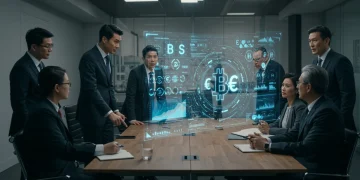 Financial leaders discussing digital dollar pilot programs in a modern boardroom setting.