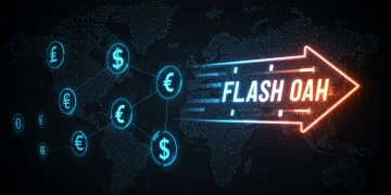 Futuristic blockchain network with fast flash loan transaction arrow