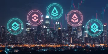 Digital cityscape with glowing altcoin symbols and financial charts indicating growth potential for Q1 2025.