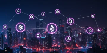 Futuristic digital city with glowing blockchain networks representing altcoin development