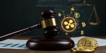 Gavel with cryptocurrency symbols, representing the SEC vs. Ripple legal battle and its financial implications for 2025.