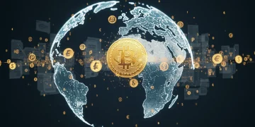 Global Bitcoin adoption contrasted with US regulatory documents and digital finance symbols.