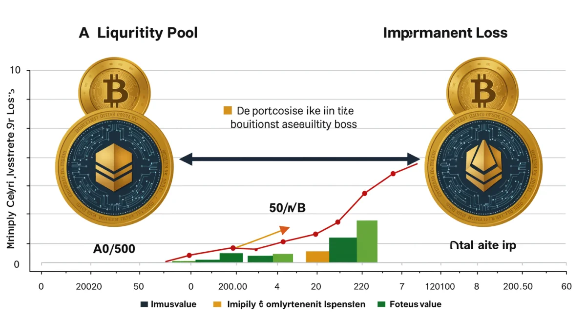 Infographic illustrating the mechanics of impermanent loss with two cryptocurrencies in a liquidity pool