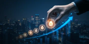 Institutional hand placing altcoins on a rising financial chart, symbolizing market growth.