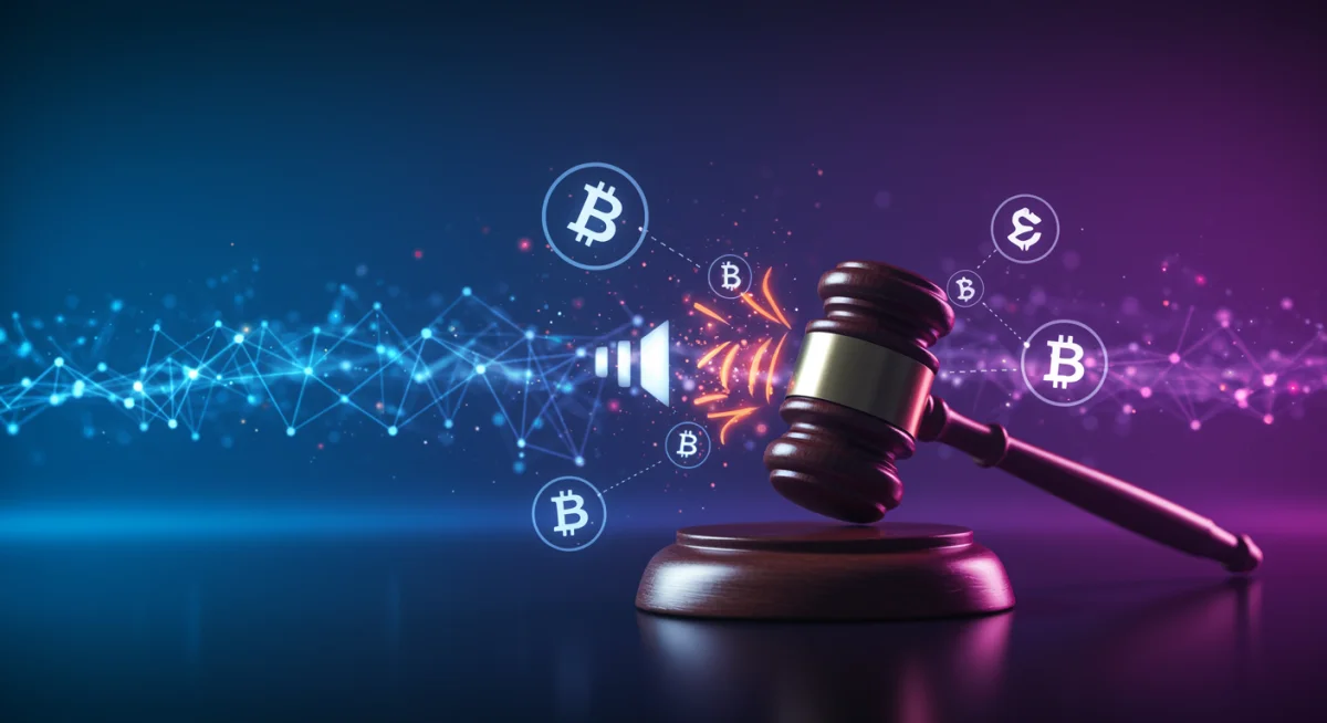 Digital gavel and cryptocurrency symbols, representing legal implications for altcoins.