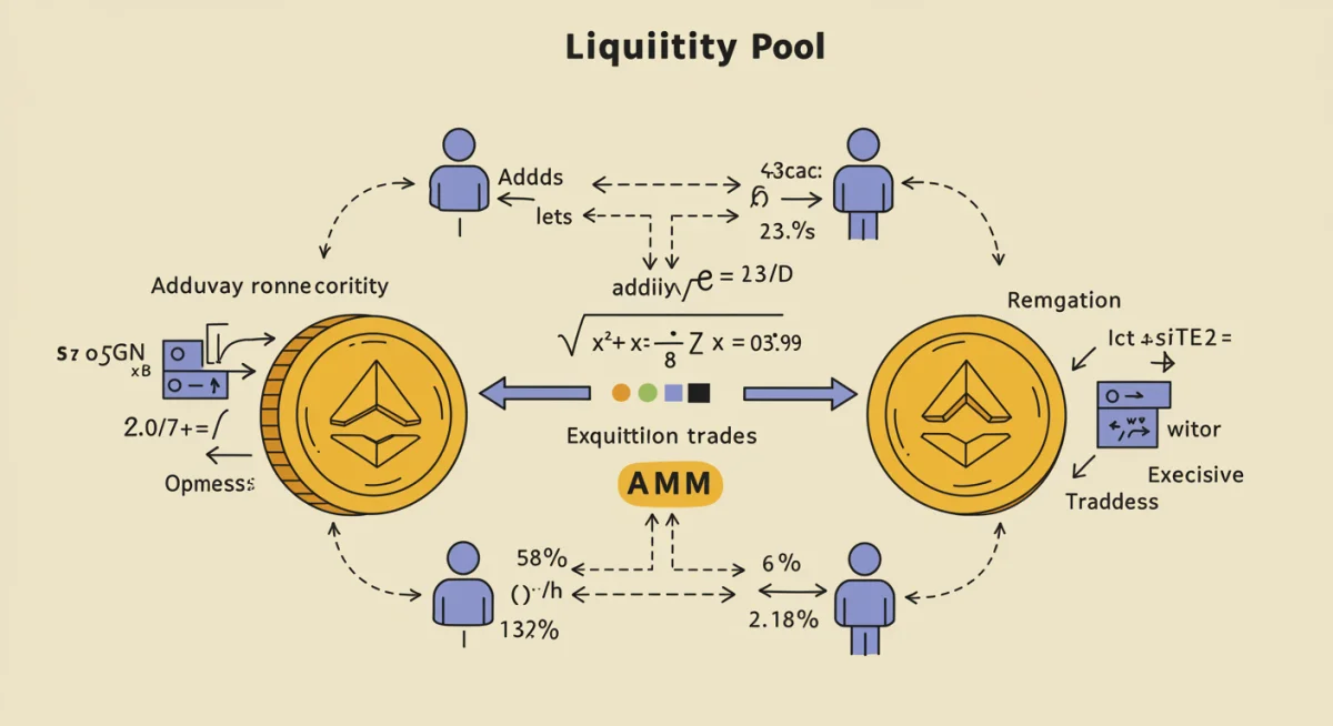 Conceptual diagram illustrating the mechanics of a cryptocurrency liquidity pool in an Automated Market Maker (AMM) system.
