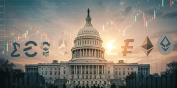 Economic graphs and cryptocurrency symbols against a US backdrop, illustrating macroeconomic influences on altcoins in early 2025.