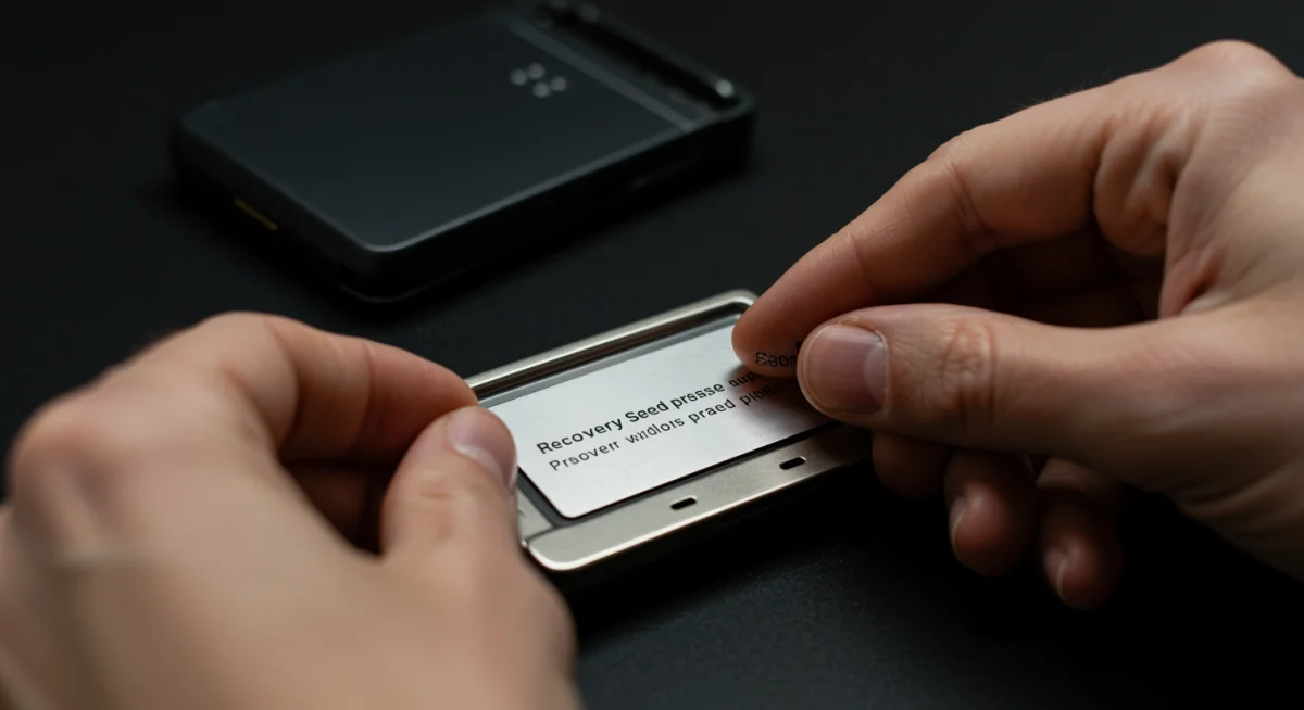 Person carefully verifying a Bitcoin hardware wallet recovery seed phrase on a metal plate.