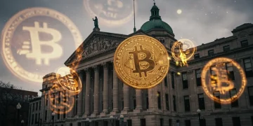 SEC building with Bitcoin symbols, representing new ETF rules and compliance