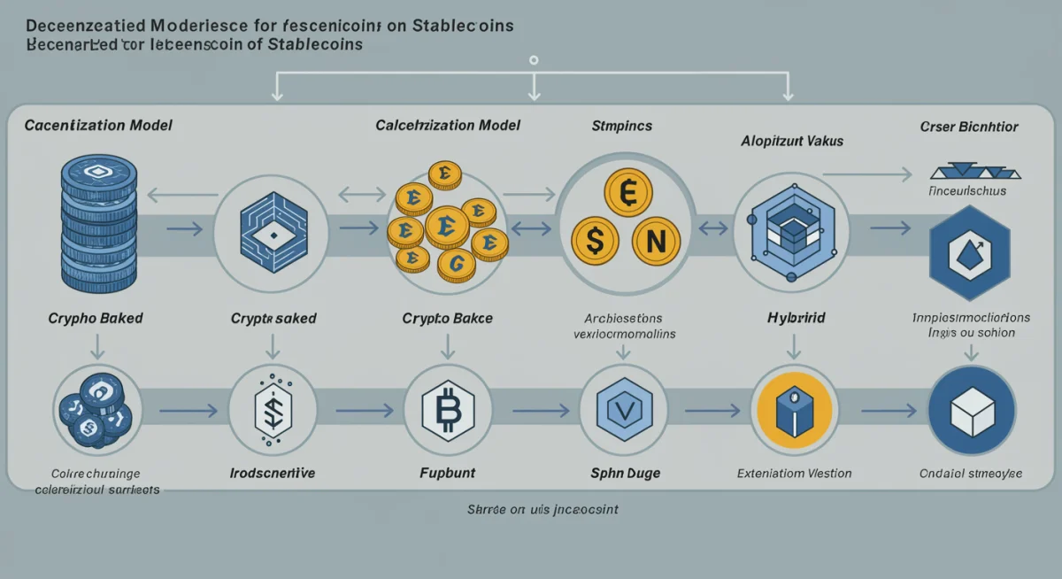 Infographic showing various decentralized stablecoin collateralization models and stability mechanisms.
