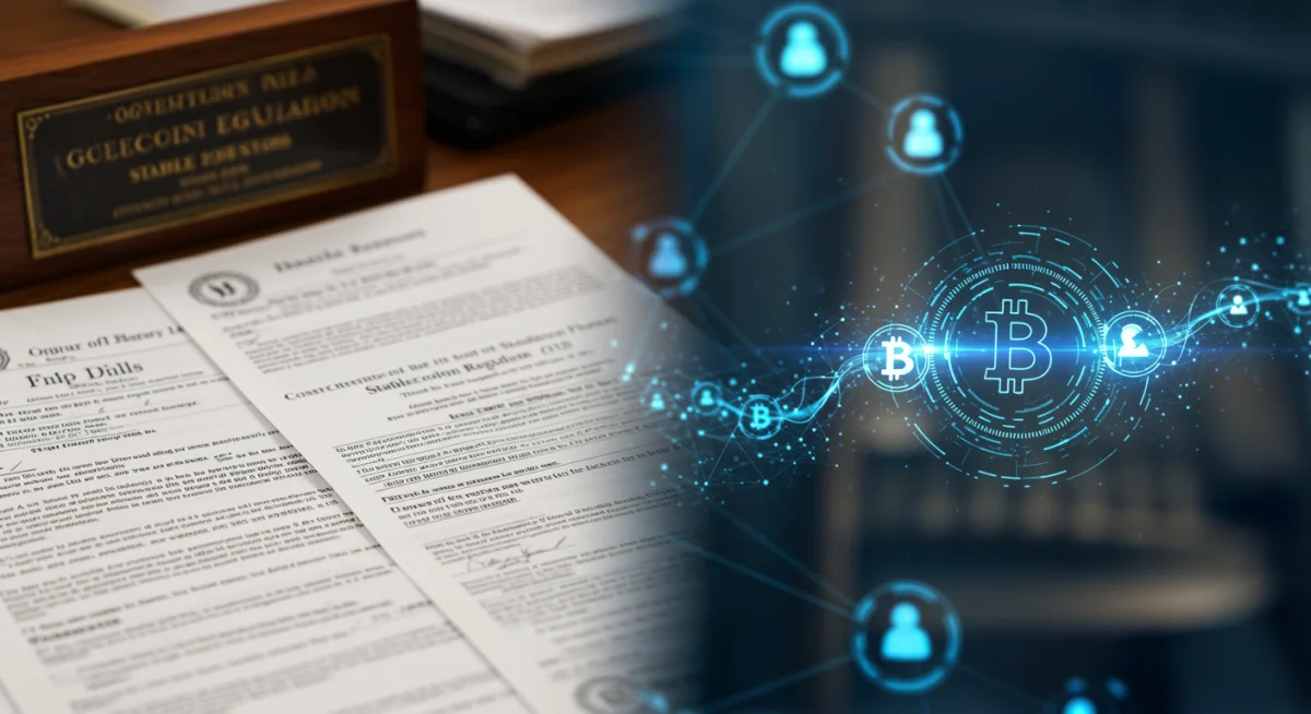 Legislative documents and blockchain network symbolizing stablecoin policy.