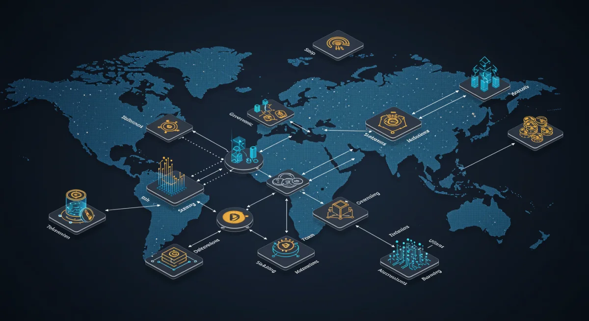 Infographic detailing token distribution and utility mechanisms within a blockchain ecosystem.