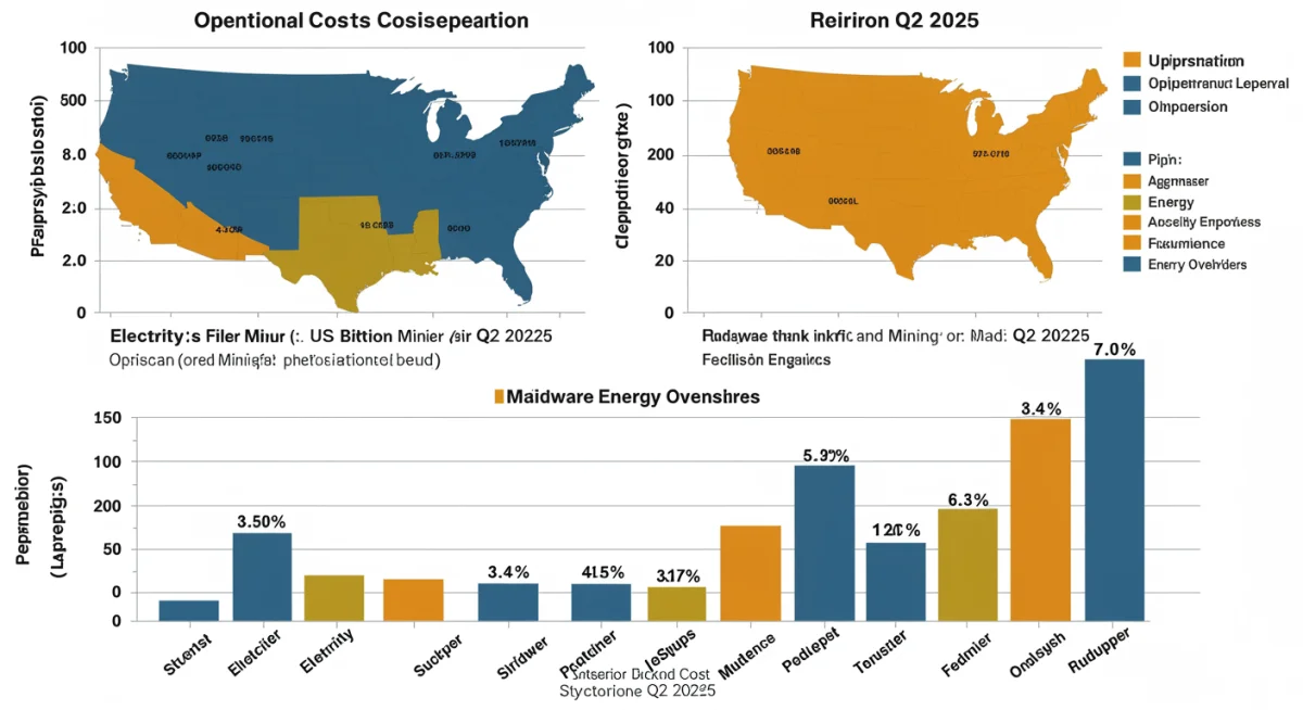 Infographic showing Q2 2025 US Bitcoin mining operational cost breakdown with regional energy price comparison