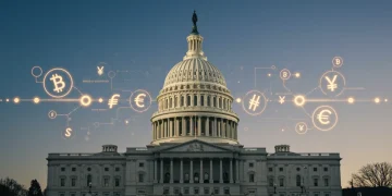 US Capitol building with crypto symbols, representing future policy changes