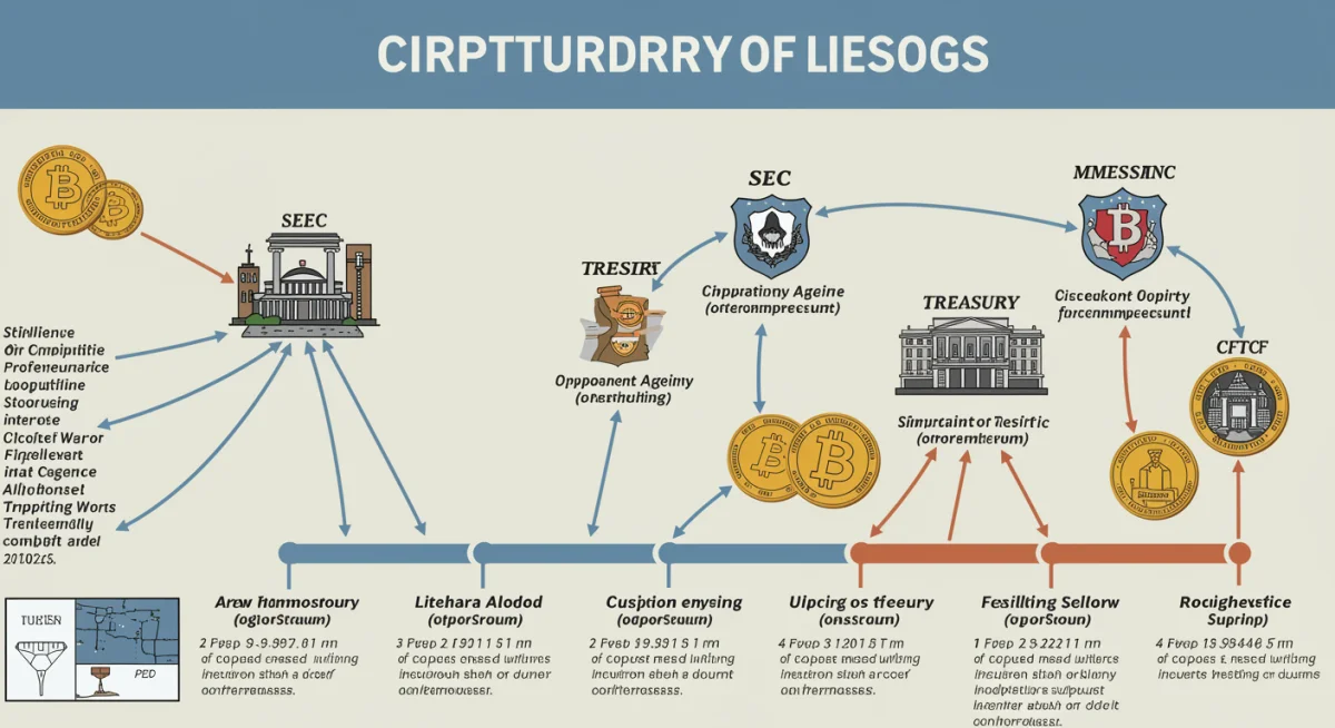 Infographic depicting a regulatory timeline for US crypto, showing interconnected government agencies and future licensing milestones.